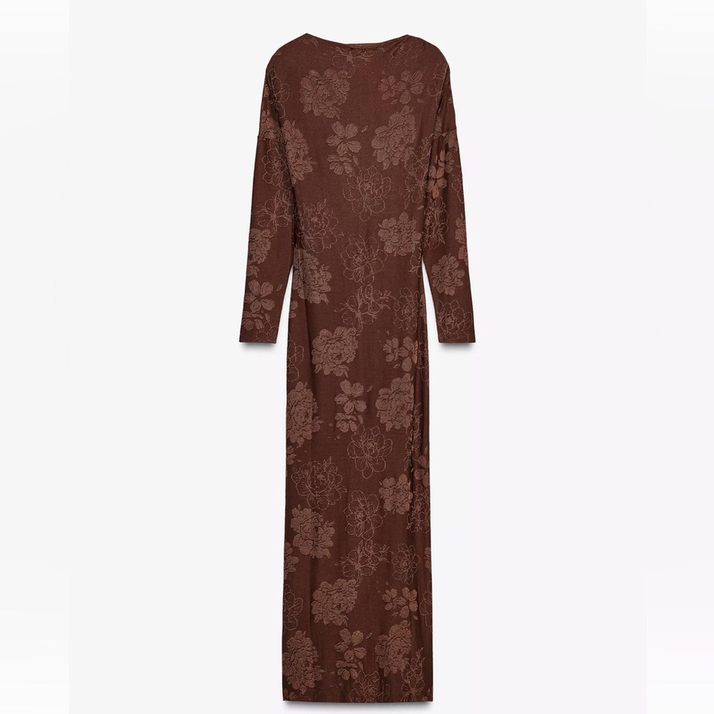 Zara Brown Floral Long Sleeve Open Back Dress- NWT